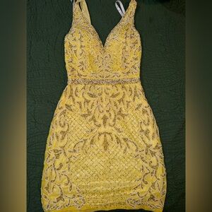 Primavera Couture Yellow Beaded Prom Dress